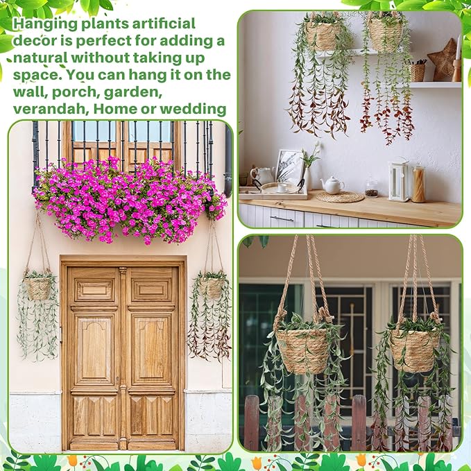 Giegxin Spring Mini Hanging Artificial Plant with Woven Basket Boho Fake Plants Ivy Faux Vines Eucalyptus Leaf for Indoor Home Wall Shelf Decor(3 Set,Green,Hanging Plant Basket)