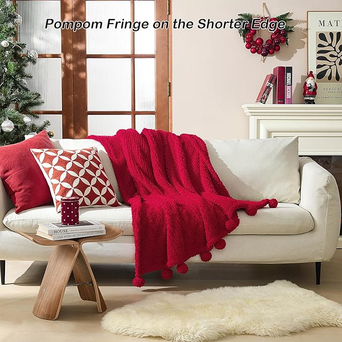 HORIMOTE HOME Ultra Soft Sherpa Throw Blanket with Pompom Fringe, Lightweight Plush Boho Throw Blanket for Couch, Sofa, Bedroom,Travel, Christmas Decor, Warm Blanket for Winter, 50"x60", Red