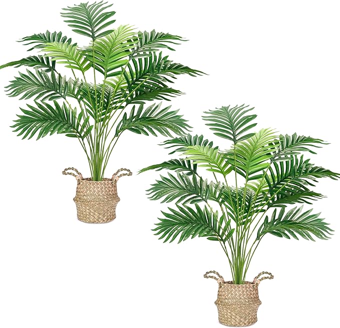 Der Rose 2Pcs Fake Palm Tree 28Inch Large Fake Potted Faux Areca Palm Plant with Hand-Woven Baskets with Handles for Indoor Outdoor Home Office Porch Balcony Bedroom Decor
