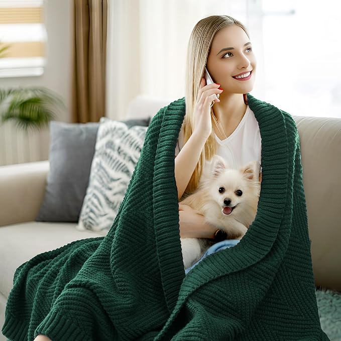 Knitted Throw Blanket 60"X80", Dark Green Knit Throws for Bed, Super Soft Boho Chevron Blankets for Couch Sofa Chair Room Decor, Textured Decorative Farmhouse Cozy Lightweight