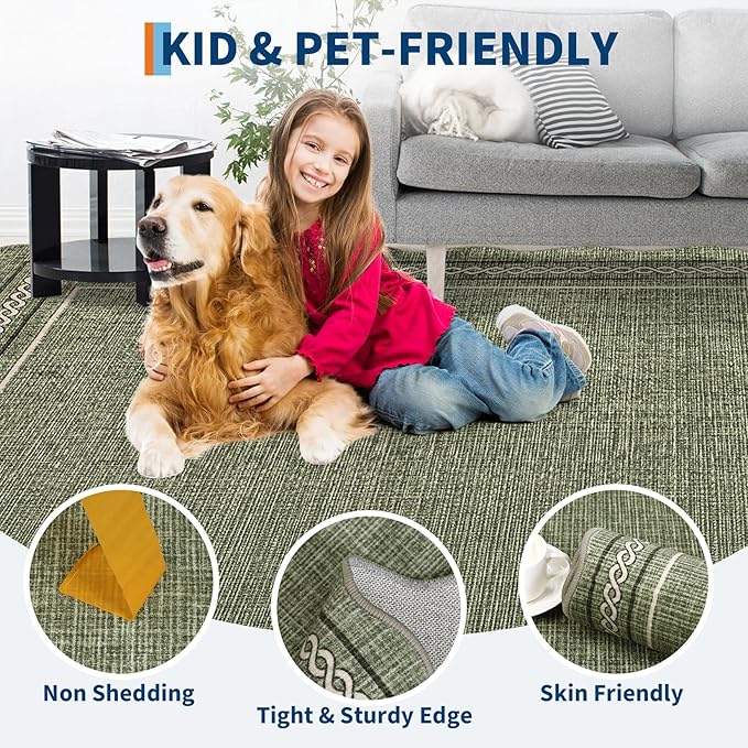 GarveeHome Scalloped Washable Area Rugs 5x7, Green Rugs for Living Room Non Slip Soft Non Shedding Bedroom Rugs Modern Foldable Low Pile Stain Resistant Carpet for Playroom Nursery Dining Room, Green