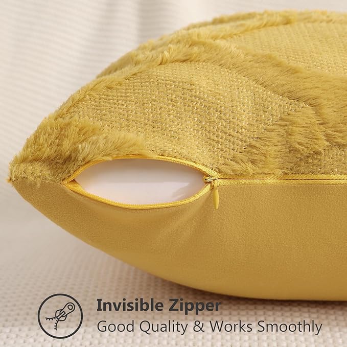 decorUhome Spring Throw Pillow Covers 16x16 Inch Set of 2, Soft Plush Faux Fur Wool Mustard Yellow Accent Couch Pillow Covers for Modern Farmhouse Bed Sofa Living Room