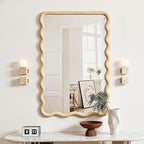 Wavy Mirror for Wall, 36"x24" Boho Bathroom Floor Vanity Mirror with Wooden Frame, for Bedroom, Living Room, Entryway, Farmhouse