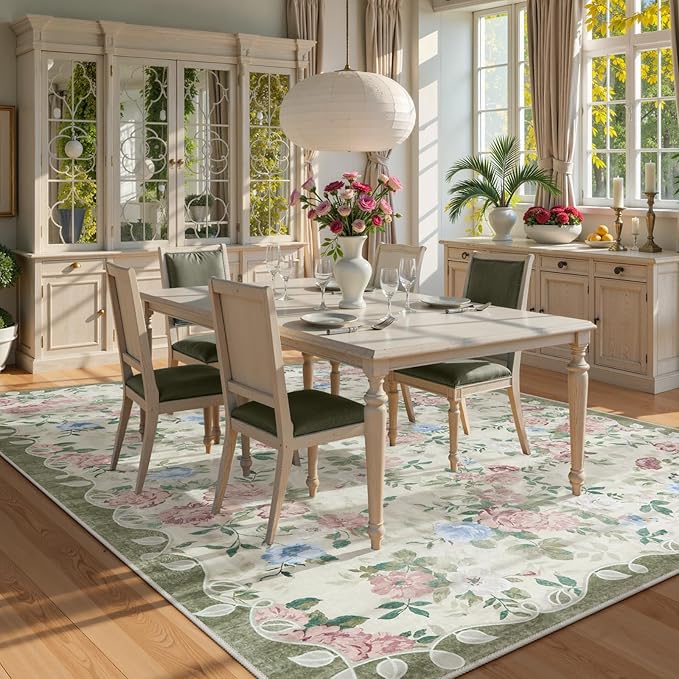 Lahome Vintage Floral Area Rugs 8x10,Large Rugs for Living Room Boho Area Rug Machine Washable, Low Pile Bedroom Rugs 8x10 Carpet for Office Rug Playroom Dining Room Nina（Cream/Green）