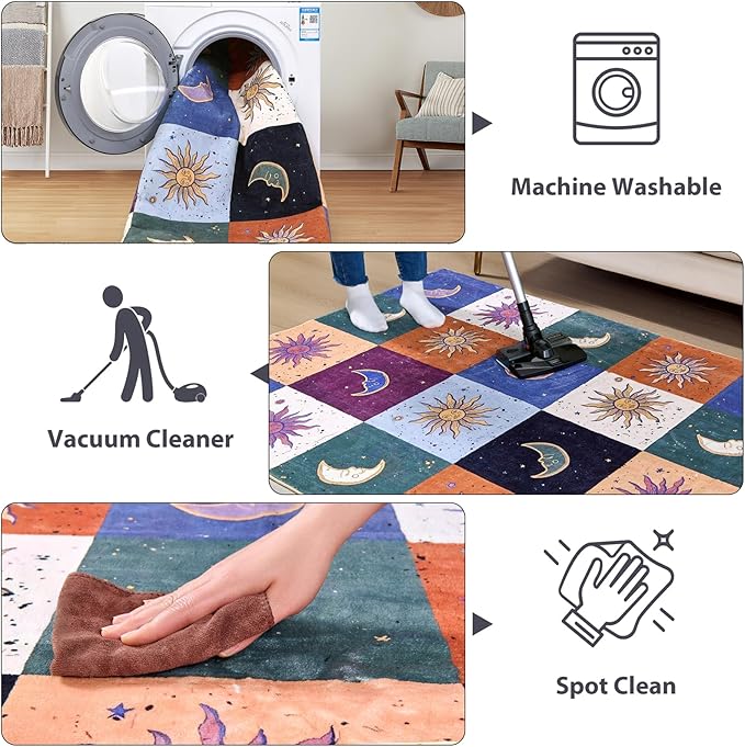 Boho Sun and Moon Washable Rug Ultra Thin, Vintage Mystical Celestial Checkerboard 4x6 Area Rug for Living Room Entryway Kitchen Dorm, Hippie Retro Aesthetic Cute Trendy Indie Bedroom Accent Carpet