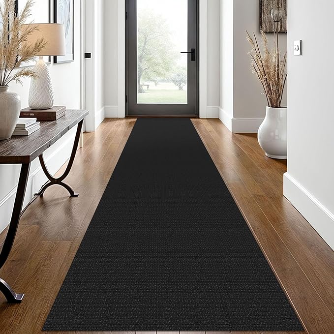 EARTHALL Woven Runner Rug 2x12 Ft Washable Runners for Hallways Extra Long Cotton Non Slip Rubber Backed Kitchen Runner Braided Indoor Floor Carpet for Entryway, Hall, Kitchen, Black/Grey