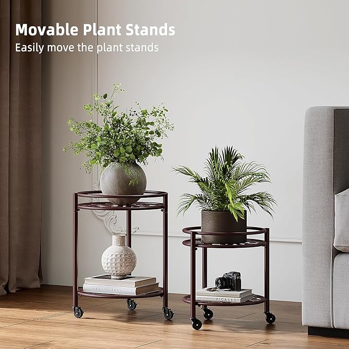 2 Tier Rolling Plant Stand with Wheels, Mid Century Modern Metal Stand for Planters, 2 Sizes 9 Inch & 11 Inch, Indoor Outdoor Movable Flower Pot Holder for Decor Home Garden Patio Load Bearing 165 LB 2 Pack Coffee