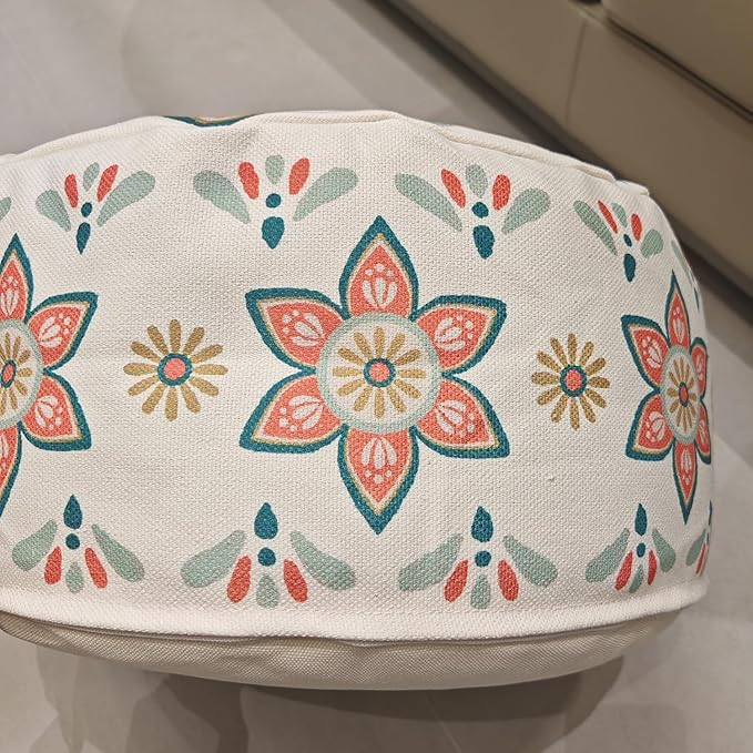 MOCOFO Round Bohemian Ottoman Pouf Cover, 18 Inch, Cotton Blend, Church Window Print, Living Room Storage Footrest, Cover Only (Blue Night)
