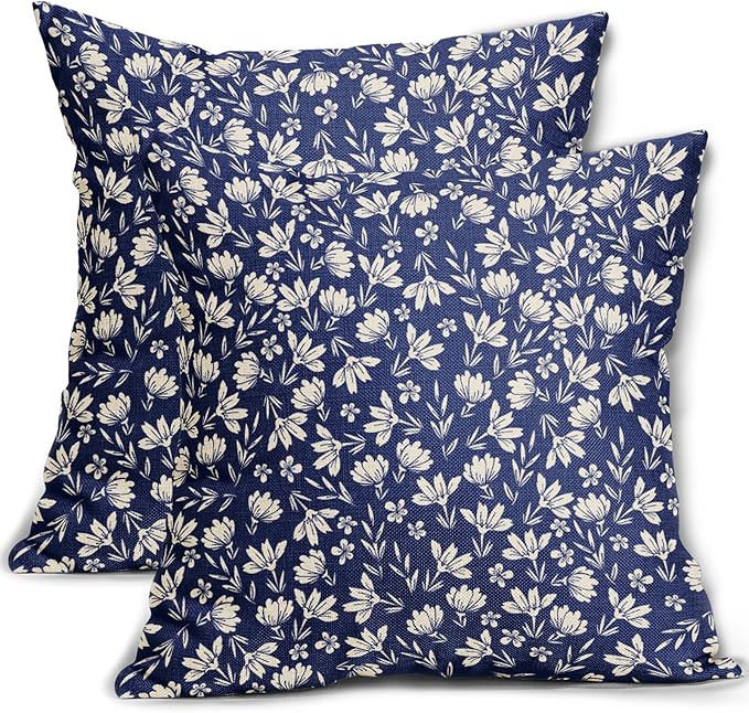 Navy Blue Pillow Covers 16x16 Set of 2 Vintage Floral Rustic Old Style Cute Flower Print Decorative Outdoor Pillowcases Seasonal Farmhouse Throw Cushion Case Decor for Couch Sofa Bed