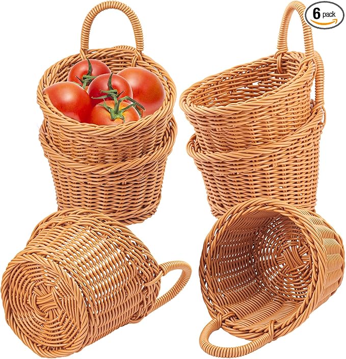 6 Pack 6.3 x 5 inch Woven Hanging Fruit Basket, Wall Hanging Wicker Baskets, Wall fruit Wicker Basket for Kitchen, Planter, Vegetable & Fruit, Boho Home Decor