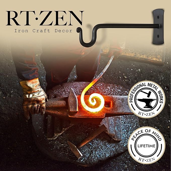 RTZEN Plant Hangers Outdoor or Indoor - Wrought Iron Metal Hanger Indoor Hook - Heavy Duty Wall Bracket Hooks for Hanging Plants Baskets Lanterns Wind Chimes - 2 Pack (Black Shepherds Hooks 7.5")