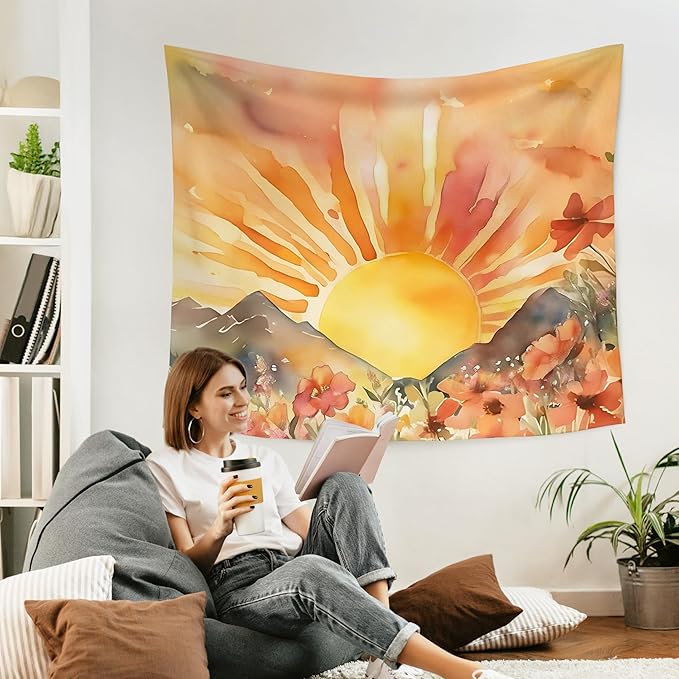 WARDOS Boho Sun Tapestry, Boho Tapestry Wall Hanging, Abstract Mid Century Modern Sunshine Sunset Sunrise Wildflower Mountain Landscape Wall Blanket Decor for Home Living Room Bedroom, 50x60 Inch