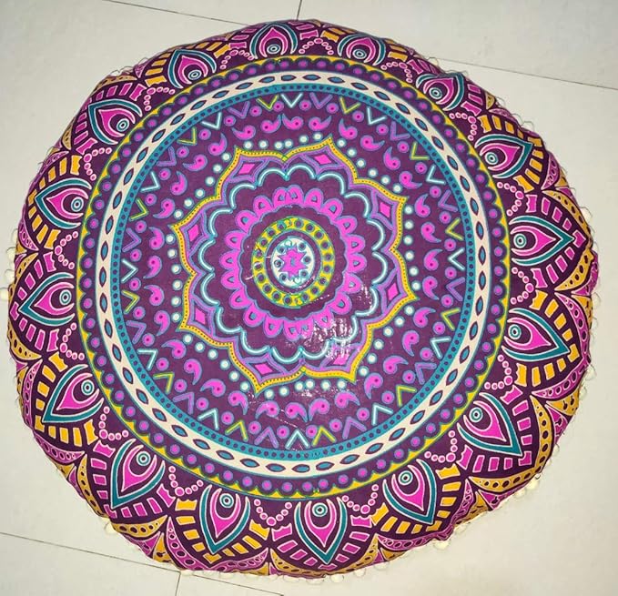 INDIAN CRAFT CASTLE New Pink Ombre 24" Mandala Barmeri Large Floor Pillow Cover Cushion Meditation Seating Ottoman Throw Cover Hippie Decorative Zipped Bohemian Pouf Ottoman Pom Pom Cases 24" Round