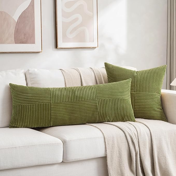 Fancy Homi Set of 2 Moss Green Boho Long Lumbar Body Decorative Throw Pillow Cover 14x36 Inch for Bed Couch Bedroom Bench, Soft Patchwork Corduroy Textured Pillow Case, Rustic Farmhouse Room Décor