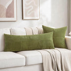 Fancy Homi Set of 2 Moss Green Boho Long Lumbar Body Decorative Throw Pillow Cover 14x36 Inch for Bed Couch Bedroom Bench, Soft Patchwork Corduroy Textured Pillow Case, Rustic Farmhouse Room Décor