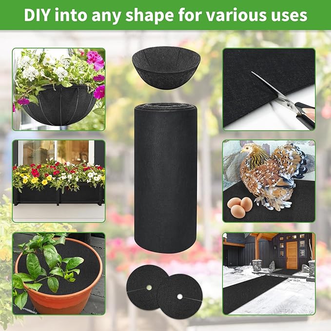 Riare 16x160 Inch Black Felt Planter Liner Roll- 2 Rolls Non-Woven Fabric Planter Liner for Outdoor Plants, Coco Liner Roll Alternative Basket Planter Liner for Planters Hanging Basket Window Box