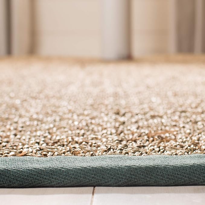 SAFAVIEH Area Rug 6' Square - Natural Fiber Collection - Natural & Light Blue, Seagrass, Basketweave Pattern with Border (NF114M)