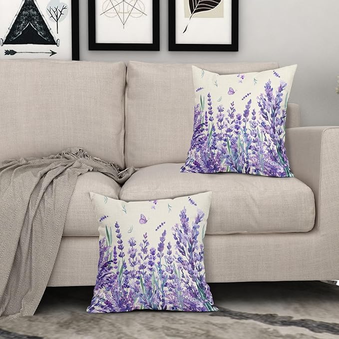 Kawani Spring Summer Floral Pillow Covers 16X16 Inch Purple Lavender Butterfly Flowers Decorative Pillow Cases Set of 2 Seasonal Holiday Throw Pillows Farmhouse Home Decor for Sofa Couch Cushion