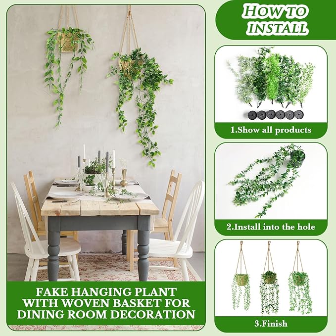6 Set Mini Fake Hanging Plants with Woven Basket Boho Artificial Ivy Faux Vines Eucalyptus Leaf for Indoor Home Wall Living Room Bathroom Shelf Decor (Mandragora Leaf)