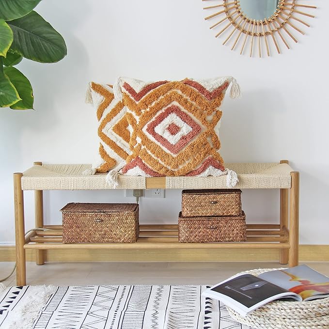 JOJUSIS Boho Throw Pillow Covers with Handmade Tassels Decorative Woven Tufted Orange Pillowcase for Couch Bedroom 20 x 20 Inch