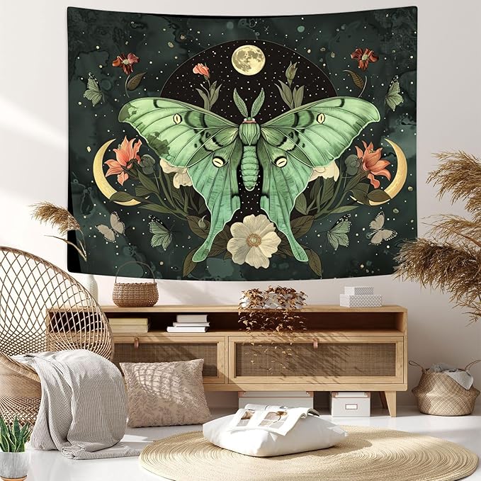 JAWO Green Butterfly Moon luna moth Flower Tapestry Boho Floral Plant moth Tapestries for Bedroom Aesthetic Tapastry's Wall Hanging Mandala Botanical Wall Tapestry for Living Room Dorm 80X60