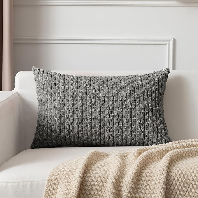 Kevin Textile 12x24 Inch Pillow Cover 1 Pack Boho Decorative Soft Striped Corduroy Lumbar Farmhouse Accent Rectangle Cushion Case for Living Room Couch Sofa Bed, Dark Grey