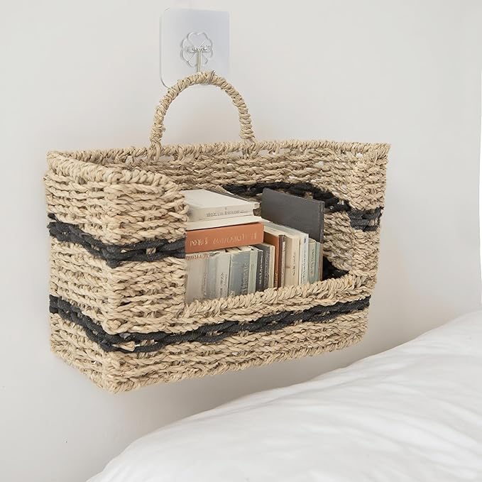 Handmade Seagrass Woven Hanging Basket with Black Cotton Rope - 11.81 x 4.33 x 7.87 Inches - Ideal for Wall Decor & Storage (Rectangular opening)
