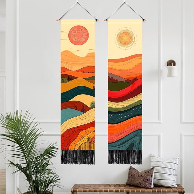 AOHMPT Pack of 2 Long Vertical Tapestry,Nature Landscape Tapestry with Serene Mountain River, Moon & Sun Motifs,Traditional Ink Painting Wall Art , Zen Aesthetic Wall Hanging for Living Room Bedroom Decor 13" W x 51" H"