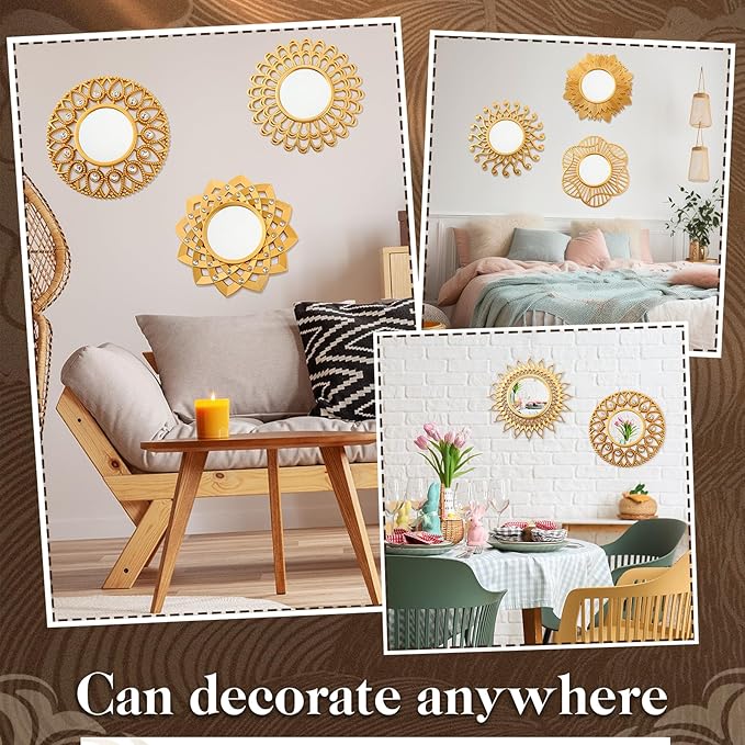 Barydat 10 Pcs Boho Gold Sun Mirrors for Wall Decor 10 Inches Plastic Decorative Wall Mirrors for Entryway Home Living Room (Modern)