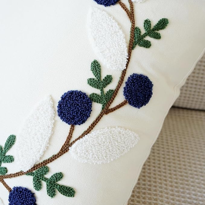 vctops Floral Embroidered Pillow Covers 18x18 Inch Spring Summer Cotton Tufted Throw Pillow Cover Outdoor Garden Cushion Case for Sofa, Bed, Living Room (Flower A,18"x18")
