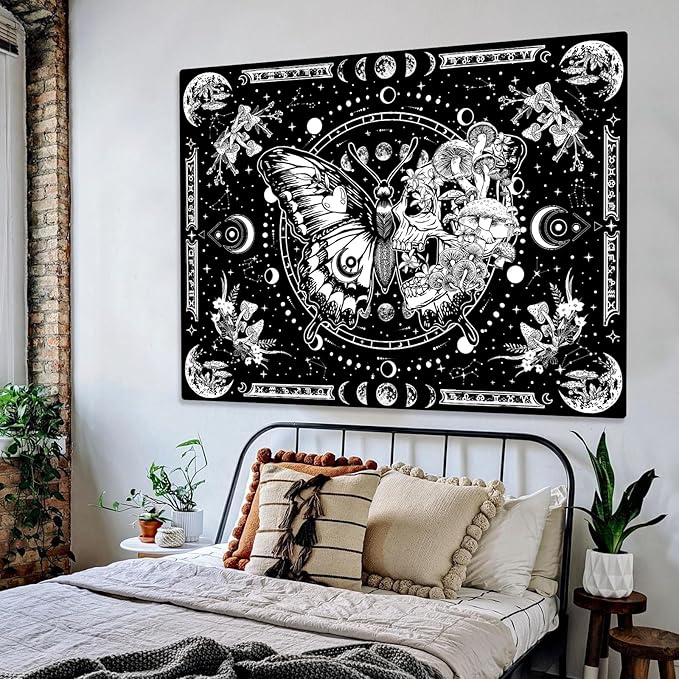 Skeleton Butterfly Tapestry Black and White Skull Mushroom Plants Tapestries Hippie Aesthetic Tapestry Wall Hanging for Bedroom Living Room Dorm (Black, 90” x 68”)