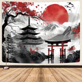 GOAOK Japanese Anime Tapestry, Cool Japan Cherry Blossom Floral Mountain Sun Asian Oriental Abstract Art Tapestry Wall Hanging for Men, Red and Black Small Tapestries Aesthetic for Living Room, 40x30