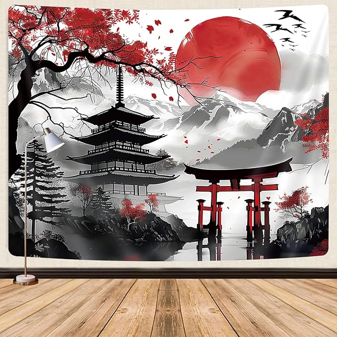 Japanese Anime Tapestry, Cool Japan Cherry Blossom Floral Mountain Sun Asian Oriental Abstract Art Tapestry Wall Hanging for Men, Red and Black Tapestries Aesthetic for Living Room College, 60x40