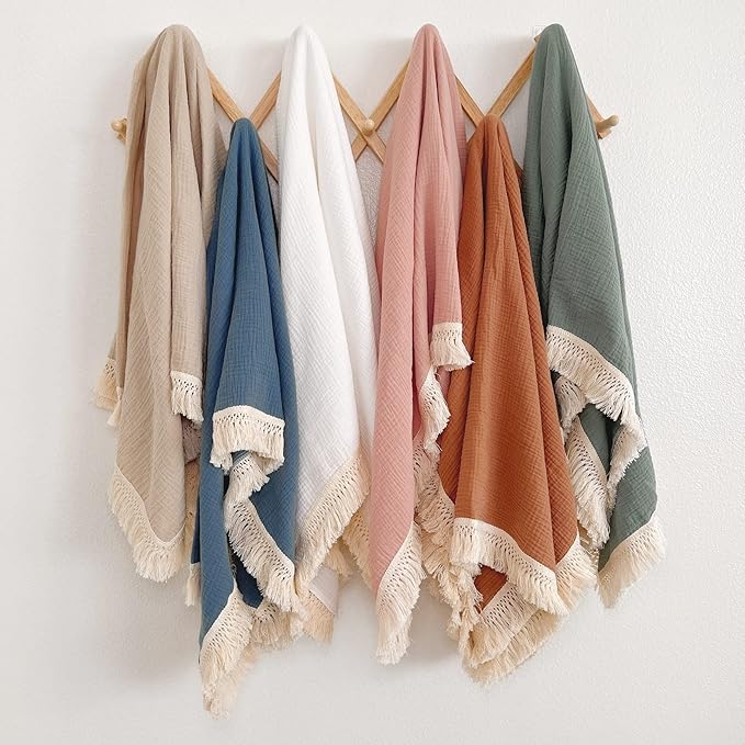 Muslin Cotton Baby Receiving Blanket with Fringe, Boho Bohemian Tassels, Nursery Decor, Boy or Girl Unisex Swaddle Wrap, Use as Throw or Nursing Fringed Blankets (Blush)