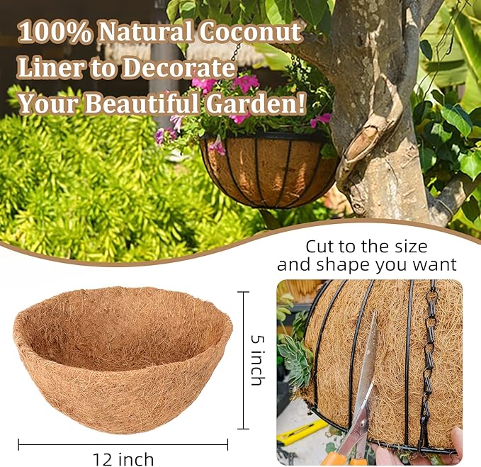 Legigo 4 Pack 12 Inch Hanging Basket Coco Liners Replacement, 100% Natural Round Coconut Coco Fiber Planter Basket Liners for Hanging Basket Flowers/Vegetables