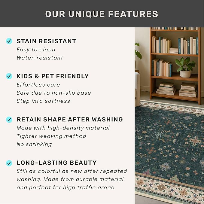 Dark Green Hallway Runner Rug 12 ft Long - Modern Vintage Boho Eclectic Floral with Brown Accent, Washable Low Pile Non-Slip Extra Long Wide Runner Rugs for Kitchen, 3x12