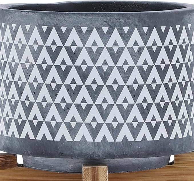 Aztec Decorative Planter Pot on Wooden Stand – Ceramic Stoneware Outdoor & Indoor Plant Pot with Gray Geometric Pattern – Modern Garden & Home Decor Ceramic Planters – 6", Gray