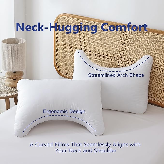 Shatex Neck Pillow Queen Size 28 x 20 inch, Curved Firm Bed Pillow with Adjustable Insert Provides Stronger Support - for Back, Stomach & Side Sleepers