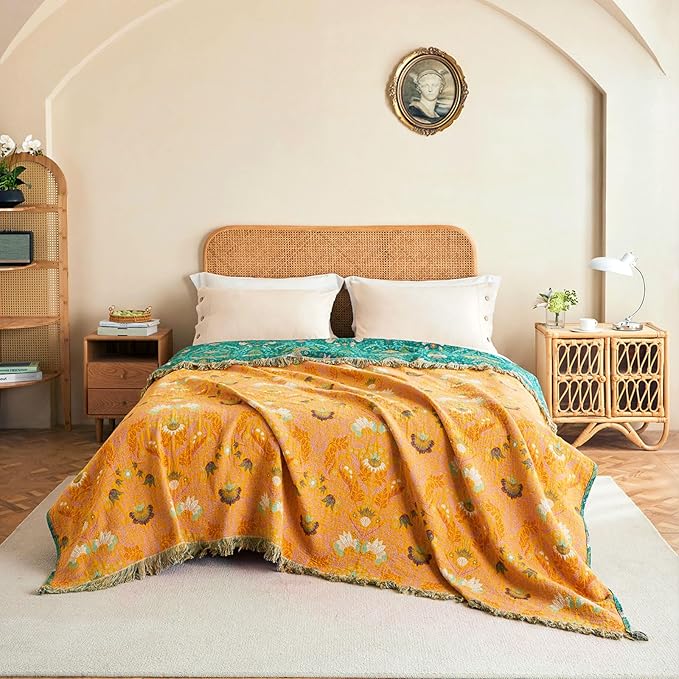 Boho Throw Blanket - 50"x60" 100% Cotton Soft Breathable Lightweight Bed Blanket, Reversible Muslin Spring Blankets Green Floral Farmhouse Decor Rustic Quilt for Bed Couch