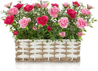 Artificial Rose Flowers with Woven Basket, Faux Blooming Roses in Fake Rattan Planter for Table Centerpiece, Romantic Floral Arrangement for Home Dining Room Wedding Sweet Decor, Hot & Soft Pink