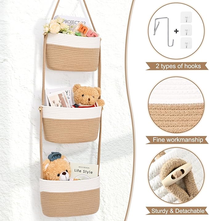 Hanging Basket, 3-Tier Wall Baskets, Over the Door Organizer with 4 Hooks, Hanging Baskets for Organizing, Woven Storage Basket Behind the Door for Nursery, Bedroom, Living Room, Kitchen