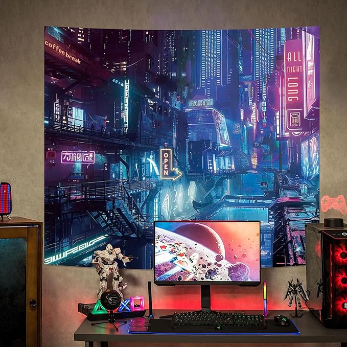 Anime Punk City Wall Tapestry for Bedroom, Japanese Futuristic Neon Night Street Cyberpunk Tapestries Aesthetic, Futurism Skyscraper Backdrop for Living Gaming Room Dorm Decor 51in X 60in