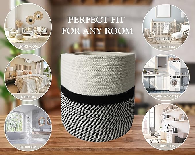 Decorative Baskets for Plants| 9- & 11-inch Pots for Indoor Plants | Floor Planter Pot Cover | Rope Plant Basket for Indoor (Small 9" Round, Ivory/Black)