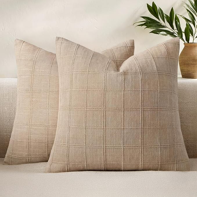Woaboy Linen Check Throw Pillow Covers Set of 2 - Light Brown Farmhouse Modern Boho Vintage Decorative Cushion Covers for Sofa Couch Bedroom Living Room Decor 20x20 Inch