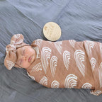 BabyWhale Muslin Swaddle Blanket with Hat and Headband Bow, Boho Rainbow Pattern Swaddle Set for Baby Boys & Girls, Unisex Silky Soft Breathable Receiving Wrap, 47x47 inches, Brown