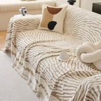 ROOMLIFE Thicked Striped Couch Cover with Tassel Khaki Chenille Sofa Cover Blanket for Sectional Sofa, Soft Sofa Slipcovers for L Shaped Love Seat 2-3 Cushion Couch Anti Slip Sofa Protector, 71"x118"
