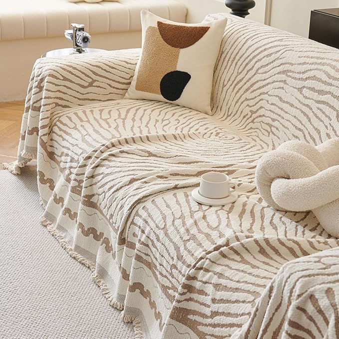 ROOMLIFE Thicked Striped Couch Cover with Tassel Khaki Chenille Sofa Cover Blanket for Sectional Sofa, Soft Sofa Slipcovers for L Shaped Love Seat 2-3 Cushion Couch Anti Slip Sofa Protector, 71"x118"