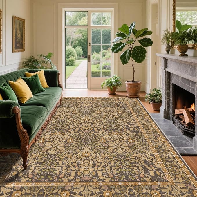 6x9 Washable Area Rugs for Living Room, Stain Resistant Vintage Rugs for Dining Room Under Kitchen Table, Bedroom, Floral Low Pile Non-Slip Large Carpet (6 x 9 Goldenrod)