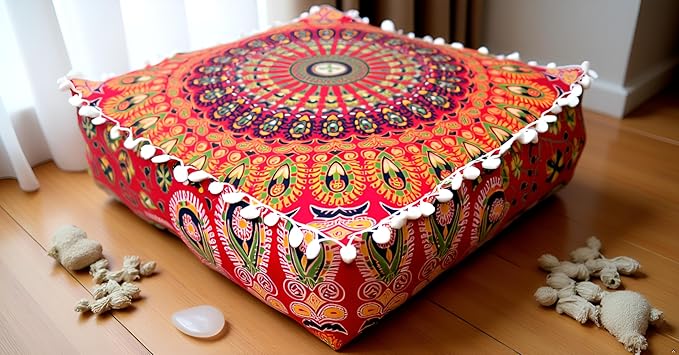 CRAFT KALA Red Peacock Large Hippie Mandala Meditation Floor Ottoman Pillow Cushion Pouf Cover Square Poufs Bohemian Circle Floor Cushion Case Outdoor Fireplace Yoga Living Room Decor Cover 24" Square