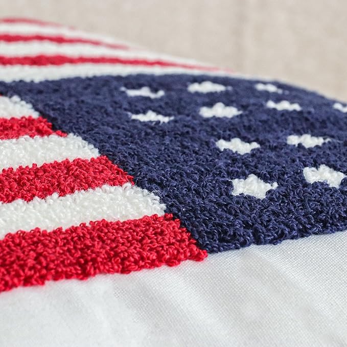 Jonhier 4th of July Throw Pillow Cover, Independence Day Patriotic Throw Pillow Case Tufted American Flag Pattern, Textured Cushion Cases Memorial Day Flag Day Decor for Sofa Bed (White, 18” x 18”)